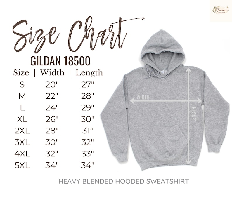 May include: A light grey heavy blended hooded sweatshirt with a size chart. The size chart shows the width and length measurements in inches for sizes S to 5XL. The brand is GILDAN 18500.