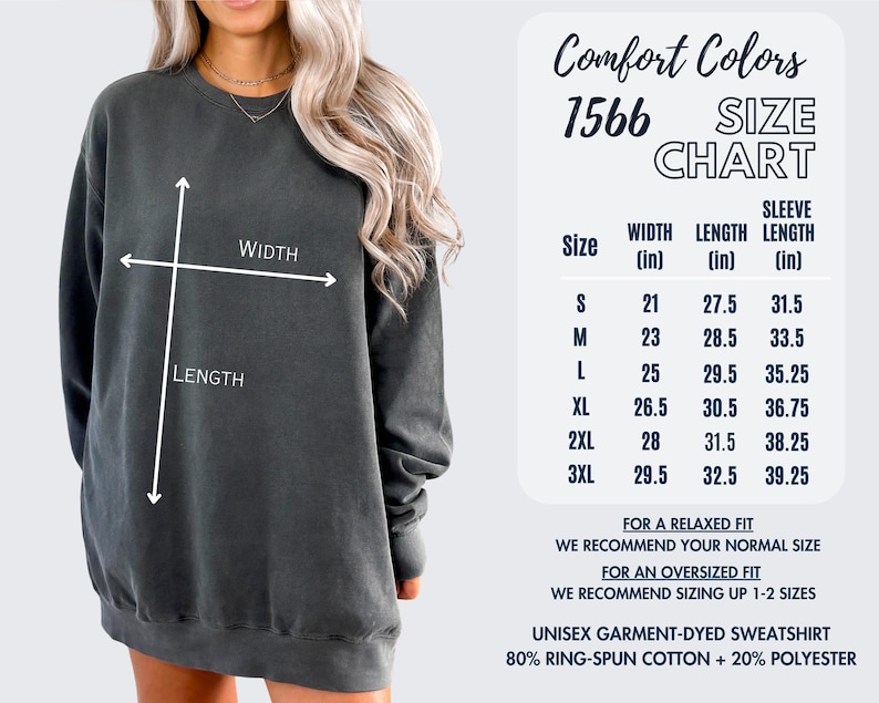 Puede incluir: Sudadera unisex te&ntilde;ida en prenda gris oscuro con una tabla de tallas. La tabla muestra medidas en pulgadas para el ancho, largo y largo de manga. La sudadera es 80% algod&oacute;n hilado en anillo y 20% poli&eacute;ster.