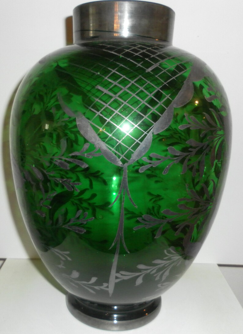 Vintage SILVER OVERLAY Green Glass Vase Etsy