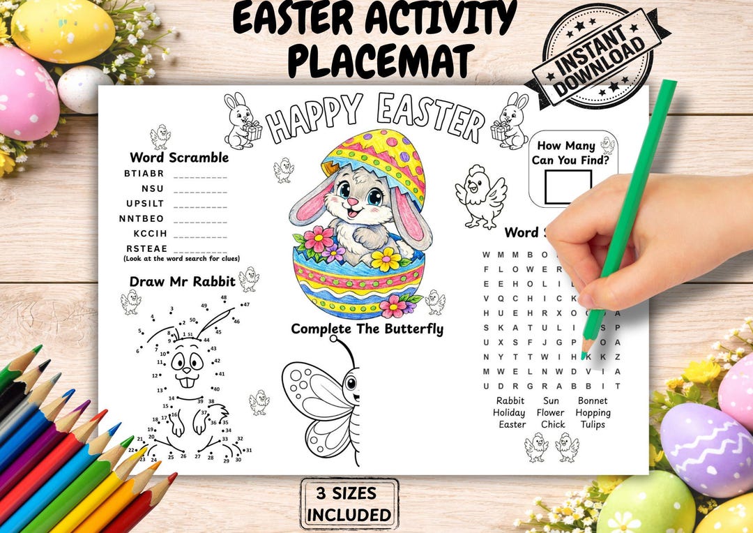 Easter Activity Placemat for Kids Printable, Coloring Page & Word ...