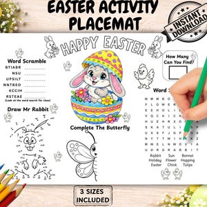 Easter Activity Placemat for Kids Printable, Coloring Page & Word Search, Kids Table Activity Sheet, Classroom Party Game, Instant Download