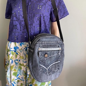 Handmade Up-Cycled Shadow Gray Crossbody Three Pockets Denim Bag