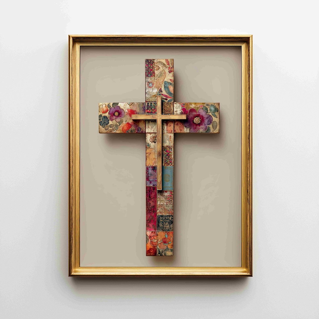 Patchwork Floral Cross Poster | Christian Home Decor - Etsy