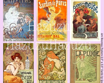 Art Nouveau atc Posters Mucha French  2.5" x 3.5" Printable  Antique Vintage Cards Tags instant digital download collage junk journal