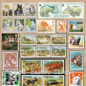 Hoja de collage de efímeras imprimibles internacionales con sellos postales antiguos de animales, descarga instantánea, diario basura digital, álbum de recortes