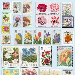 Bloem postzegels internationale afdrukbare ephemera collage blad instant download digitale junk dagboek scrapbooking