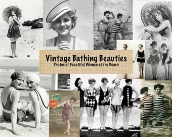 Paquete de papel con fotos de belleza de mujeres hermosas en el baño de época, paquete de papeles para la playa, trajes de baño de los años 20, imágenes prediseñadas en blanco y negro, collage, diario, álbum de recortes