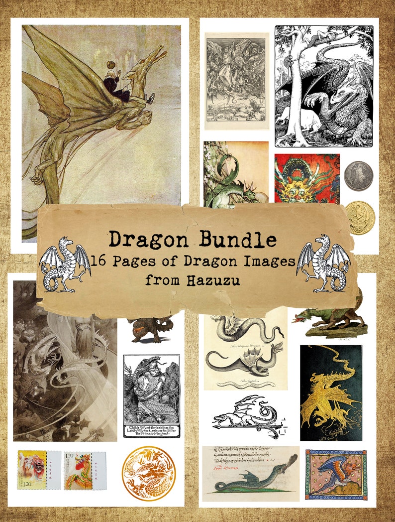 Dragon Bundle Printable Fairy Tales Dragons Collage Sheet Paper Pack ...