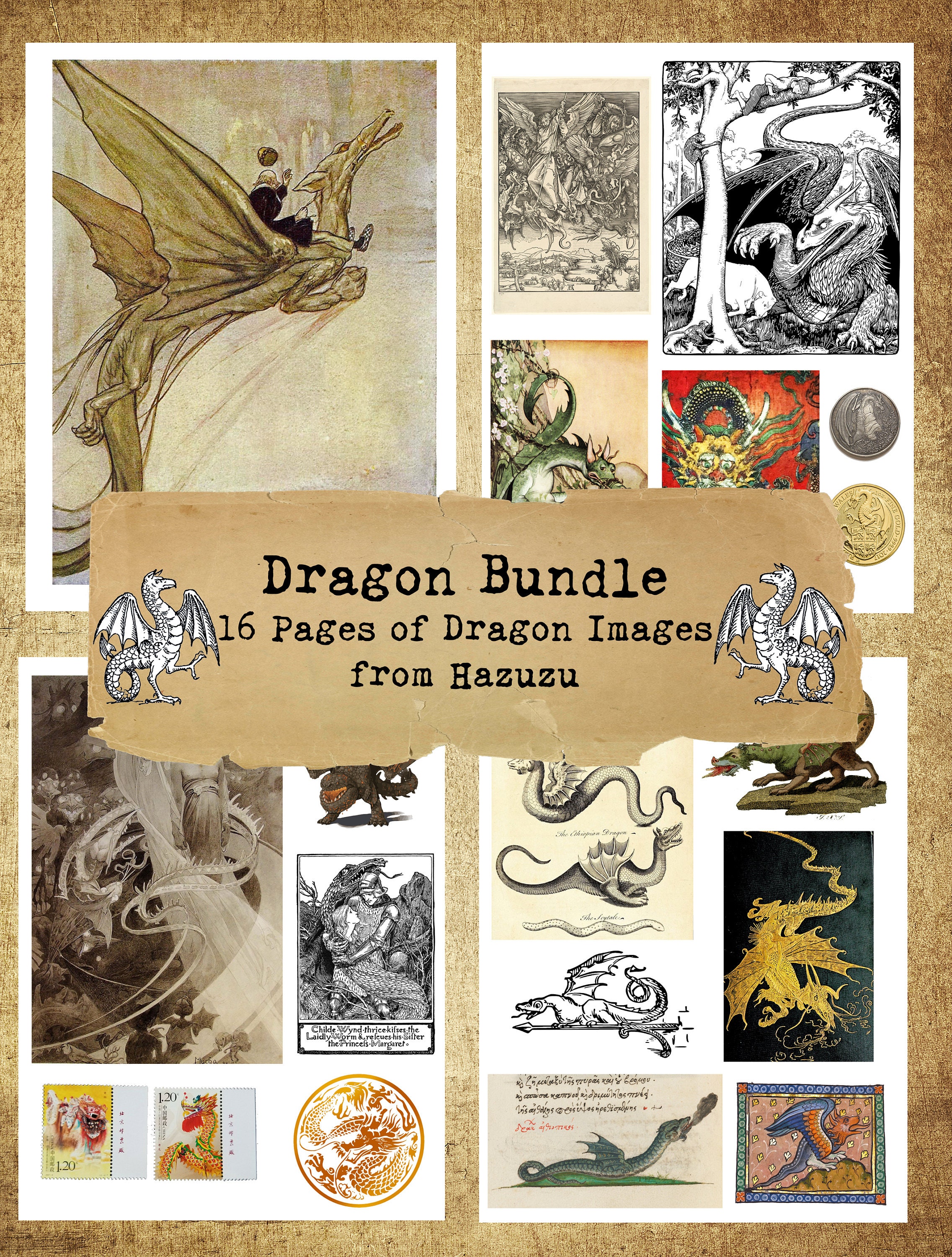 Dragon Bundle Printable Fairy Tales Dragons Collage Sheet Paper Pack ...