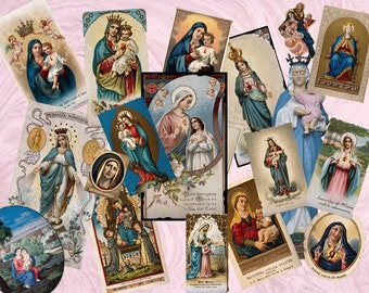 Virgin Mary Bundle 3 Pages Printable  Christian Antique Vintage Catholic Holy Cards Paper Pack instant digital download l collage sheet