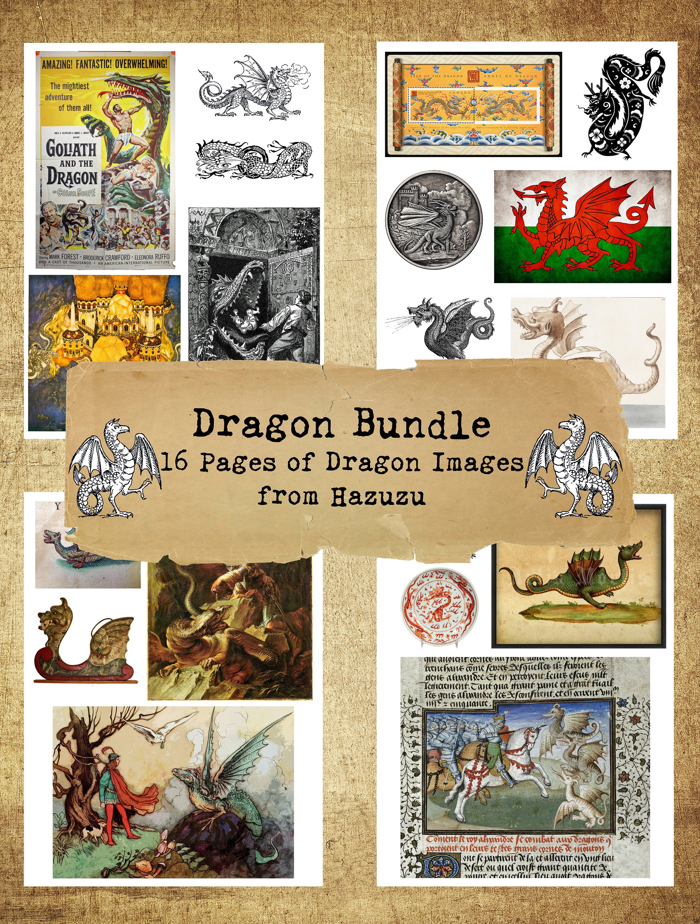 Dragon Bundle Printable Fairy Tales Dragons Collage Sheet Paper Pack ...