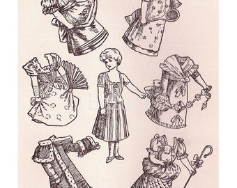 Paper Doll with 6 Outfits PNG ephemera clip art vintage antique instant download mixed media collage journal scrapbooking