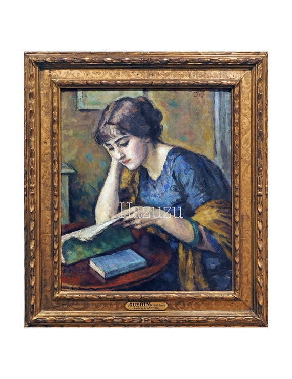 Painting Of Beautiful Woman Reading Gold Frame Poster Png Etsy