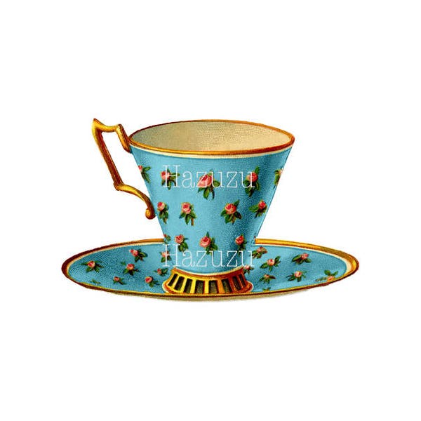 Pretty Blue Vintage cup & saucer Victorian Teacup PNG Tea Party clip art digital stamp instant download collage journal scrapbooking