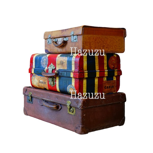 Three Vintage Suitcases Luggage travel PNG clip art antique digital stamp instant download junk journal collage  scrapbooking