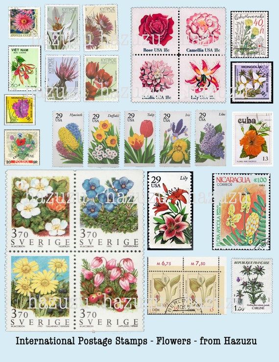 Flower Postage Stamps International Printable Ephemera Collage Sheet  instant download digital junk journal scrapbooking