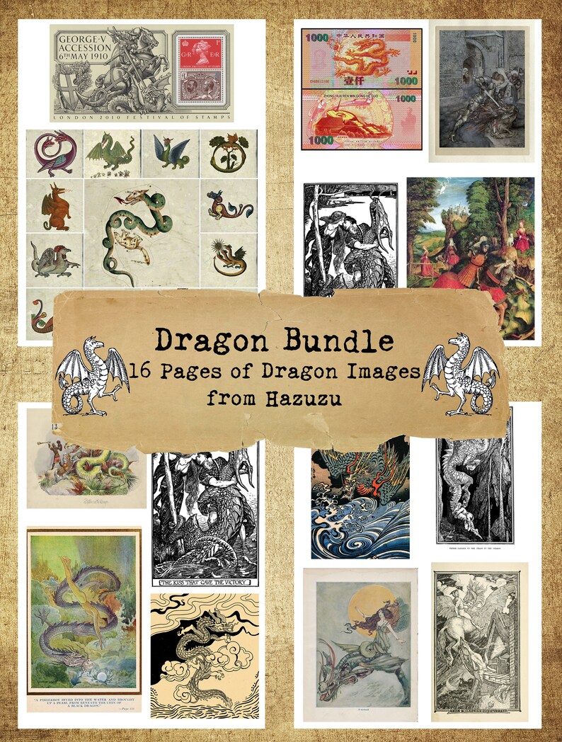 Dragon Bundle Printable Fairy Tales Dragons Collage Sheet Paper Pack ...