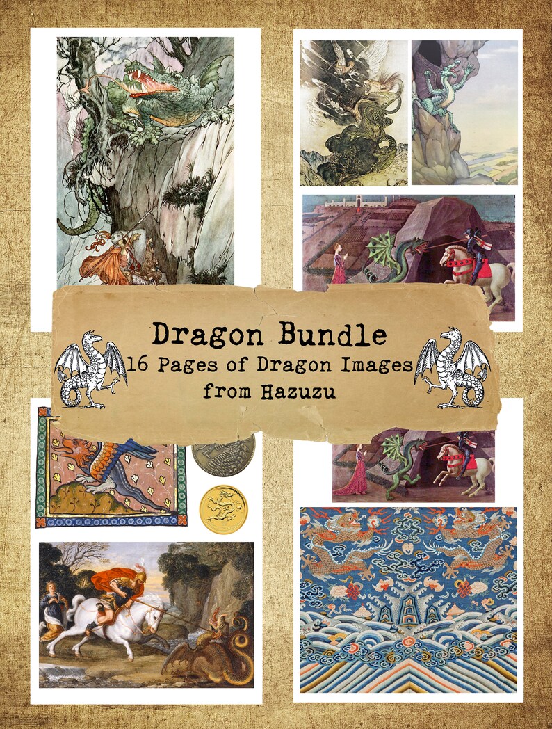 Dragon Bundle Printable Fairy Tales Dragons Collage Sheet Paper Pack ...