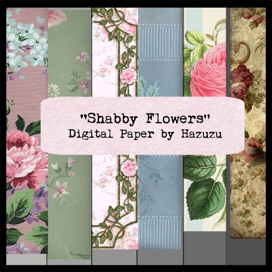 Shabby Flowers Roses Digital Paper Pack Bundle Background Scrapbooking ...