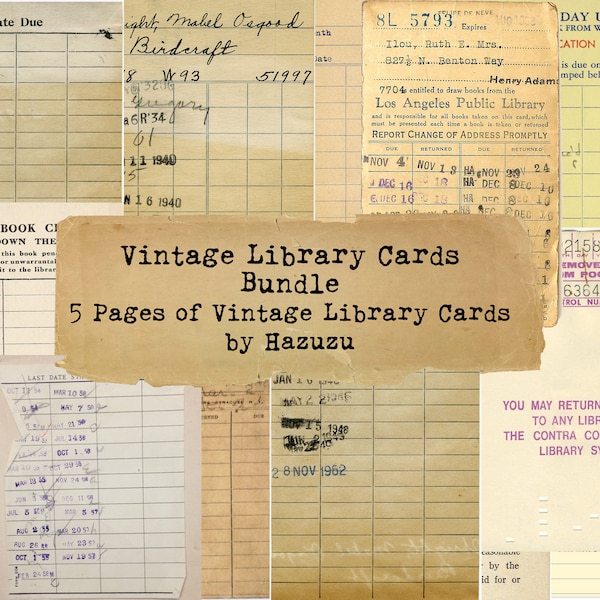 Vintage Library Cards Bundle Ephemera Printable Paper instant download digital collage junk journal scrapbooking
