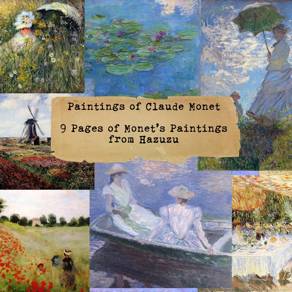 Claude Monet 9 page bundle Printable French Impressionist Paintings Collage Sheet Impressionism instant download digital junk journal
