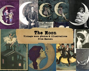 Vintage Moon Photos Illustrations Celestial Bundle Paper Pack tintype clip art instant download collage journal scrapbooking