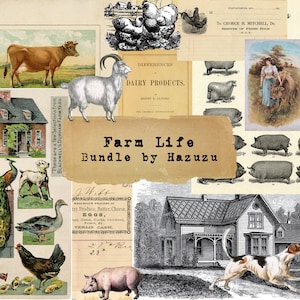 FARM LIFE Bundle Printable Farmhouse Style Kuh Schaf Ziege Huhn Hund Ephemera Vintage instant download digital collage junk journal