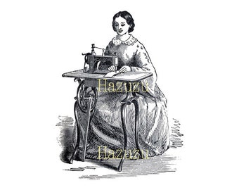 Woman sewing Treadle Machine sew Victorian PNG vintage antique clip art digital stamp instant download collage journal scrapbooking