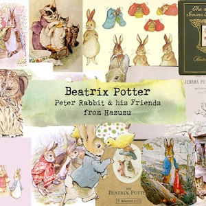 Puede incluir: Un collage de ilustraciones de los libros infantiles de Beatrix Potter, con Peter Rabbit y sus amigos, Jemima Puddle-Duck, y otros personajes. El collage incluye imágenes de conejos, patos, búhos y gatos.