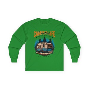 Camper Life RV Nomad Tee | Vintage Travel Trailer Long Sleeve T-Shirt Irish Green