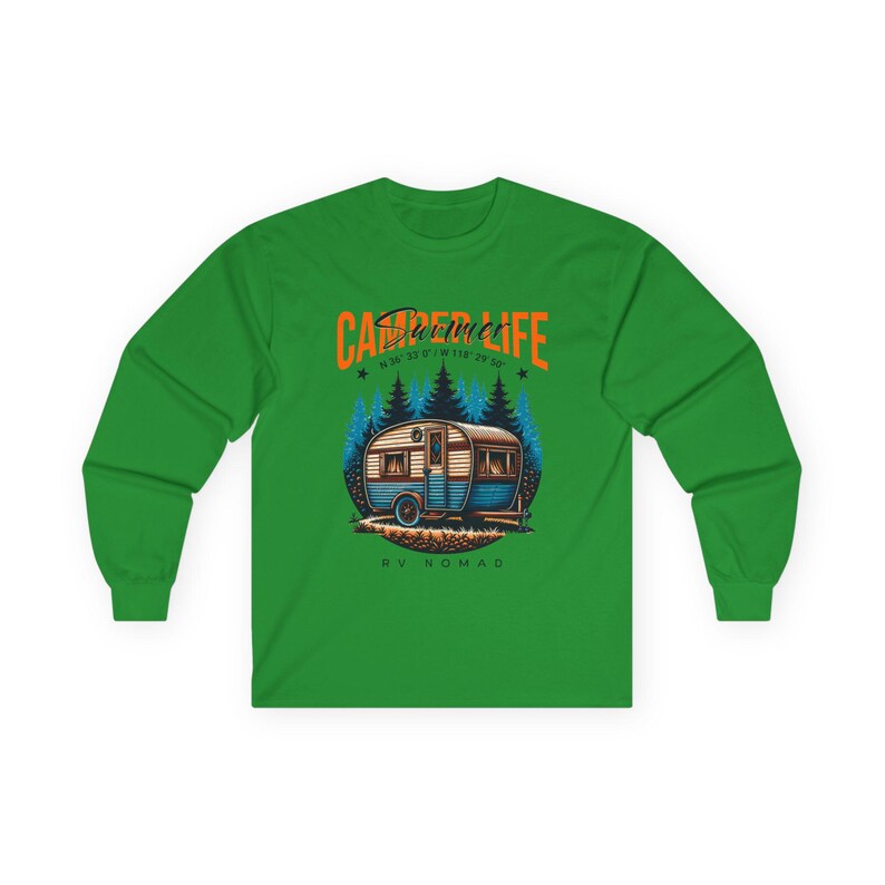 Camper Life RV Nomad Tee | Vintage Travel Trailer Long Sleeve T-Shirt Irish Green