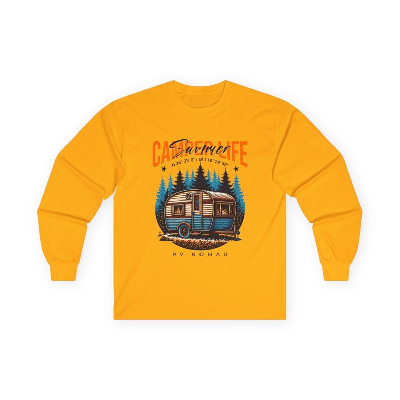 Camper Life RV Nomad Tee | Vintage Travel Trailer Long Sleeve T-Shirt Gold
