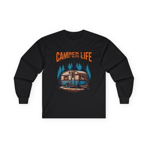 Camper Life RV Nomad Tee | Vintage Travel Trailer Long Sleeve T-Shirt Black