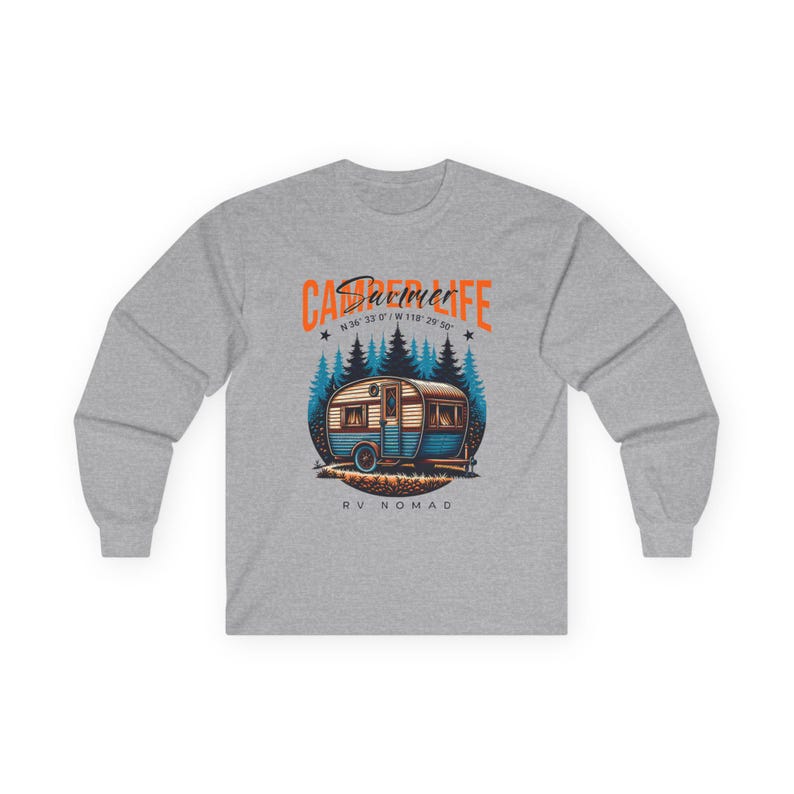 Camper Life RV Nomad Tee | Vintage Travel Trailer Long Sleeve T-Shirt Ash