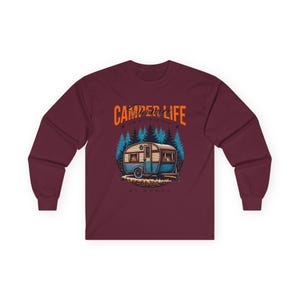 Camper Life RV Nomad Tee | Vintage Travel Trailer Long Sleeve T-Shirt Maroon