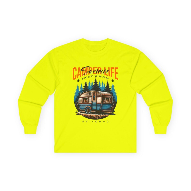 Camper Life RV Nomad Tee | Vintage Travel Trailer Long Sleeve T-Shirt Safety Green
