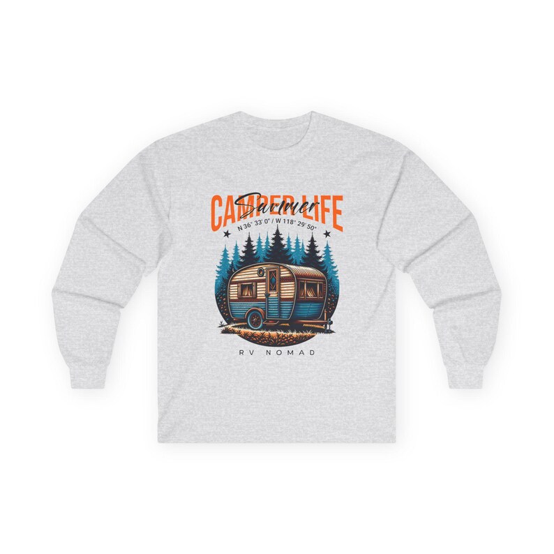 Camper Life RV Nomad Tee | Vintage Travel Trailer Long Sleeve T-Shirt Sport Grey