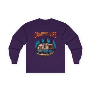 Camper Life RV Nomad Tee | Vintage Travel Trailer Long Sleeve T-Shirt Purple