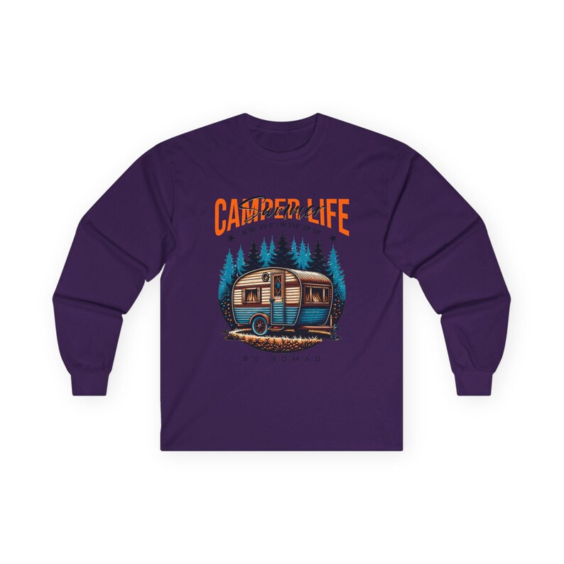 Camper Life RV Nomad Tee | Vintage Travel Trailer Long Sleeve T-Shirt Purple