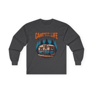 Camper Life RV Nomad Tee | Vintage Travel Trailer Long Sleeve T-Shirt Dark Heather