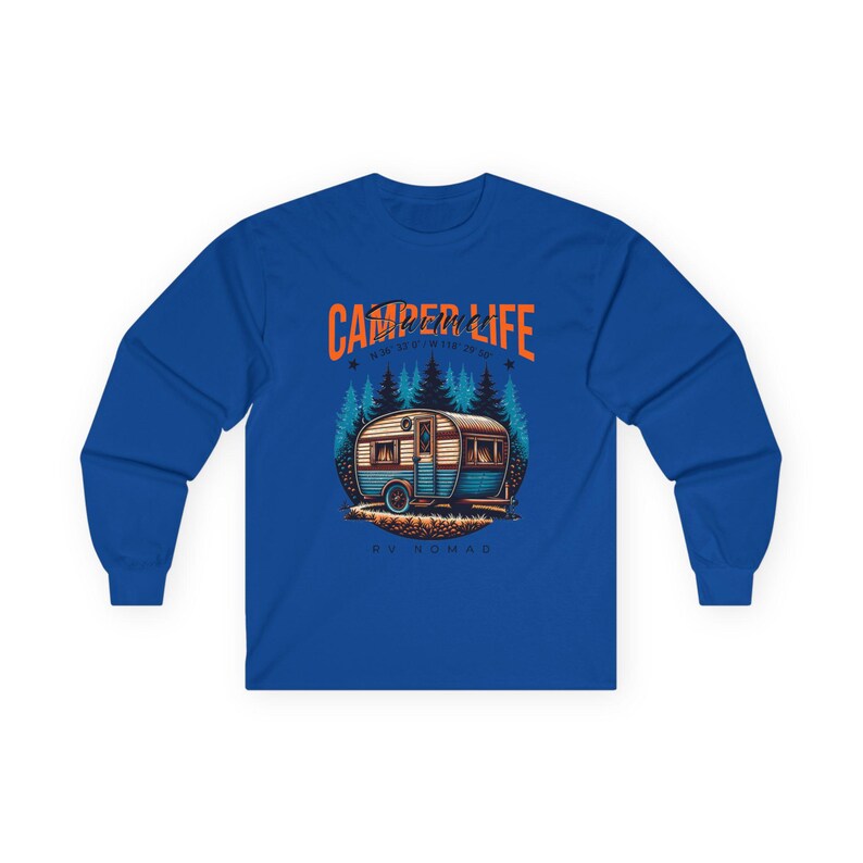 Camper Life RV Nomad Tee | Vintage Travel Trailer Long Sleeve T-Shirt Royal