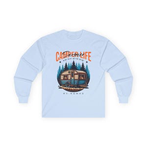 Camper Life RV Nomad Tee | Vintage Travel Trailer Long Sleeve T-Shirt Light Blue