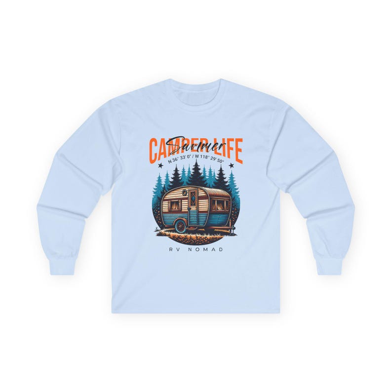 Camper Life RV Nomad Tee | Vintage Travel Trailer Long Sleeve T-Shirt Light Blue