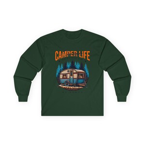 Camper Life RV Nomad Tee | Vintage Travel Trailer Long Sleeve T-Shirt Forest Green