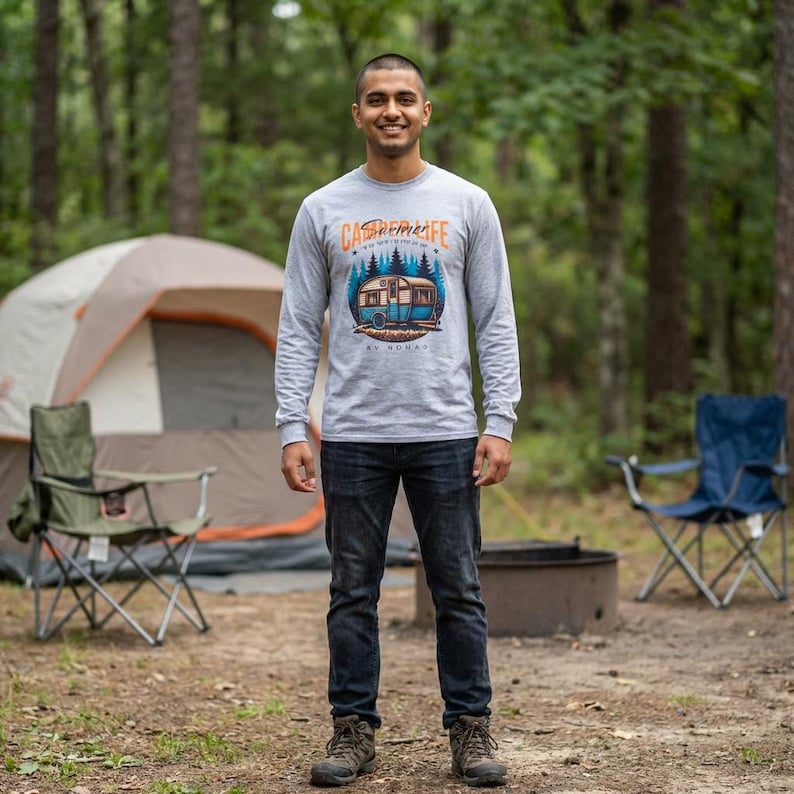 May include: A light gray long-sleeve shirt with a graphic of a vintage camper in a forest setting. The shirt has the text "Camp Life" in orange and blue. The person is wearing dark blue jeans and hiking boots.