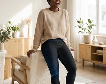 Yogaleggings med hög midja: Blå marmorvener, Mörkstensfärgade atletiska byxor