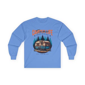 Camper Life RV Nomad Tee | Vintage Travel Trailer Long Sleeve T-Shirt Carolina Blue