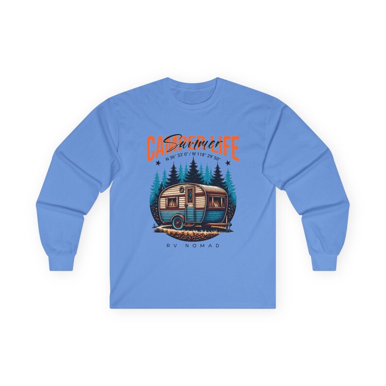 Camper Life RV Nomad Tee | Vintage Travel Trailer Long Sleeve T-Shirt Carolina Blue