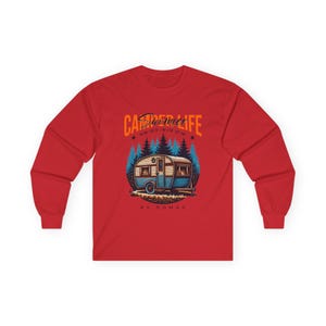 Camper Life RV Nomad Tee | Vintage Travel Trailer Long Sleeve T-Shirt Red