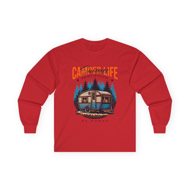 Camper Life RV Nomad Tee | Vintage Travel Trailer Long Sleeve T-Shirt Red